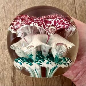 Large Vintage Edward Rithner 1950s‎ Art Glass Paperweight Three Level Flowers 4”